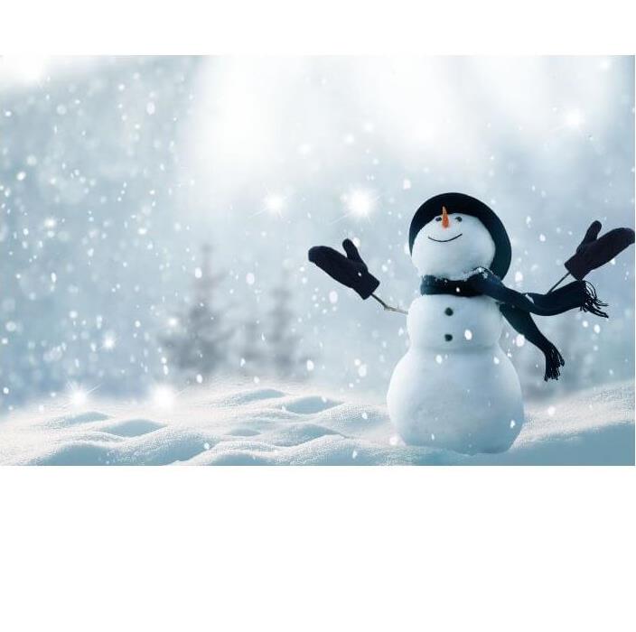 snow falling, snowman dressed in black scarf, gloves and hat